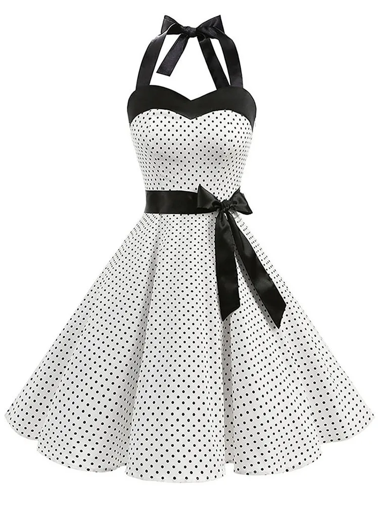 Frauen Polka Dot Print Sommer Kleid Sexy Retro Weiß Halter Vintage Kleid Robe Femme Pin Up Rockabilly Party Kleid