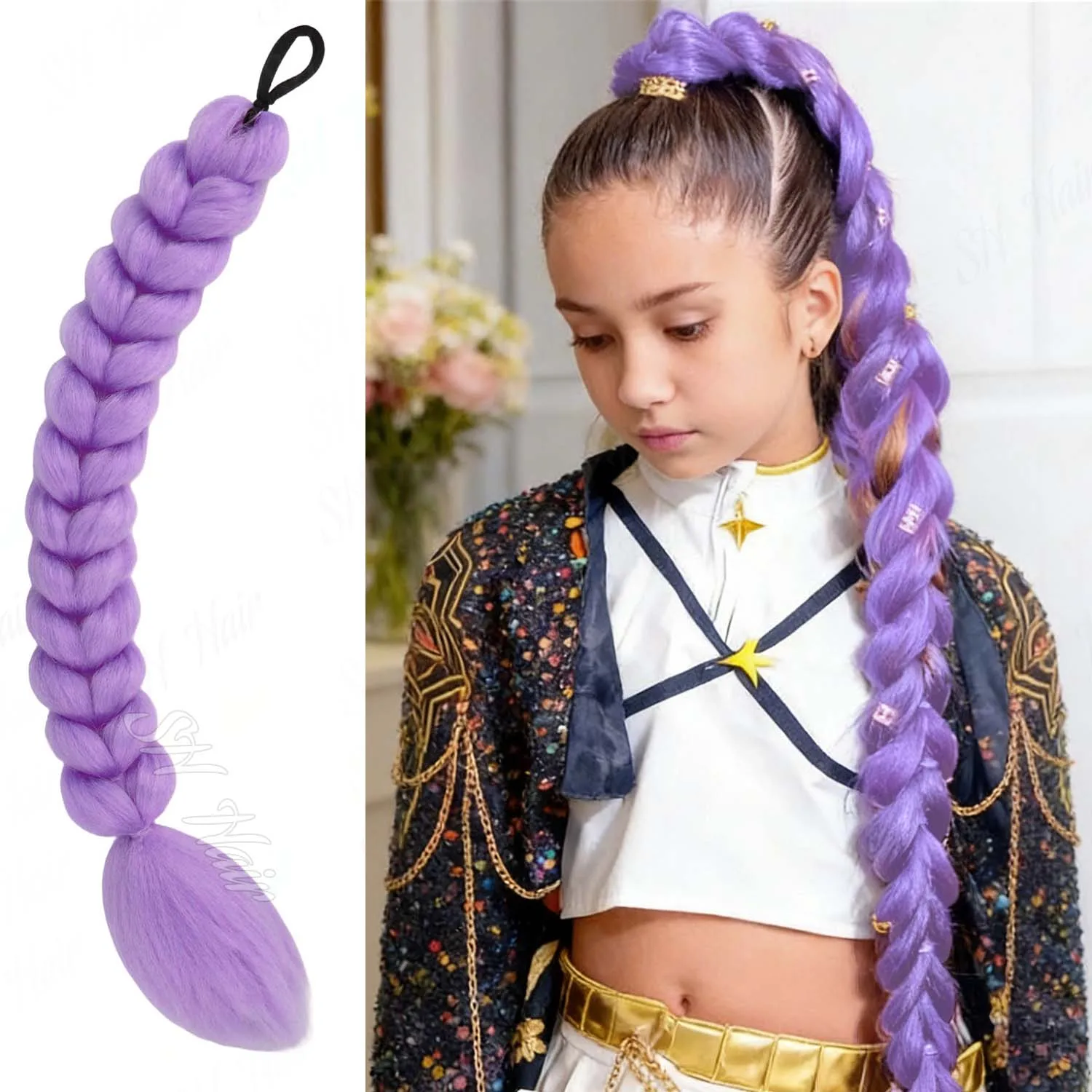 Synthetische Zöpfe Lila | Braun | Schwarz | Rosa Haar-Pferdeschwanz 22 Zoll Lang für Kinder Mädchen Cosplay Verrückter Haar-Tag, Rumi Pferdeschwanz