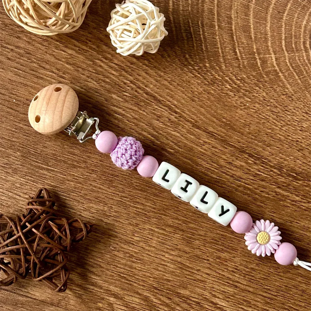 Niedliche Schnullerkette mit personalisiertem Namen – verstellbarer Silikon-Beißringclip für Babys Image