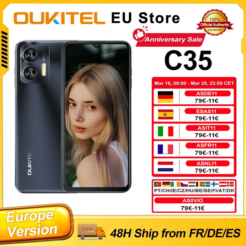 OUKITEL C35 Android 13 Smartphone 24 GB (12 + 12) 256 GB 6,56 Zoll HD + Display 50 MP + 8 MP Kamera 5150 mAh Fingerabdruck-Entsperrung 4G-Handy Image