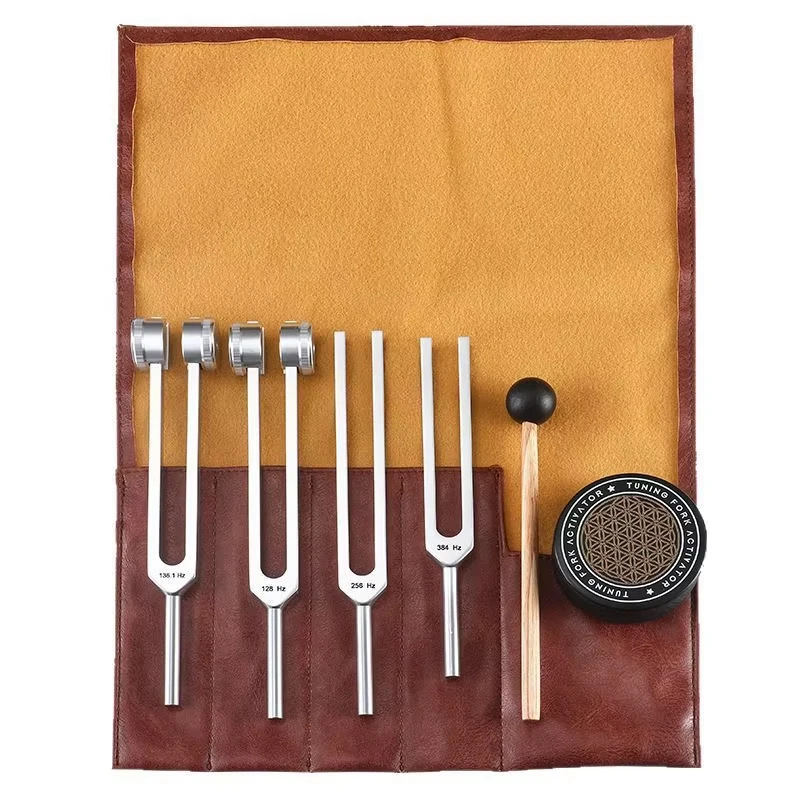 Miwayer Stimmgabel-Set in medizinischer Qualität, 128 Hz, 136,1 Hz, 256 Hz, 384 Hz, mit Aktivator für Chakra-Yoga-Klangheilung Image