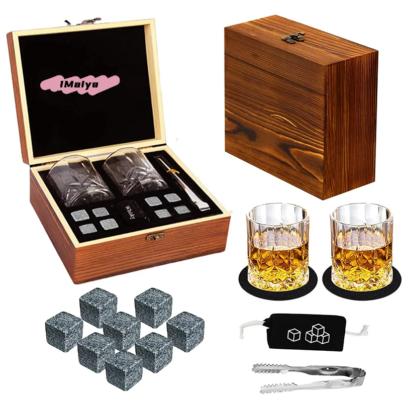M-Whiskey-Steine-Set für Männer - 8 Stück Granit-Eiswürfel mit 2 Stück Whiskygläsern in Holzbox Vatertags-Geschenk für Papa
