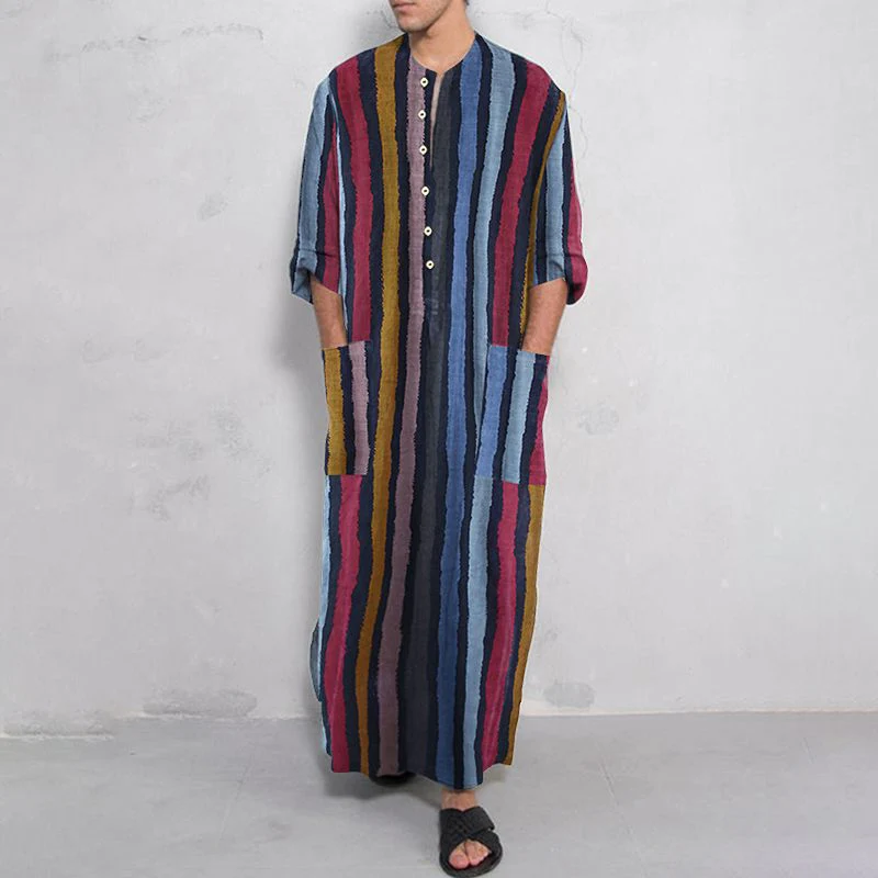 Männer Muslimischen Langarm Baumwolle Gestreiften Roben Islamischen Arabischen Kaftan Anzug Nahen Osten Dubai Abaya Retro Frühling Kleidung 2025, Neue Image