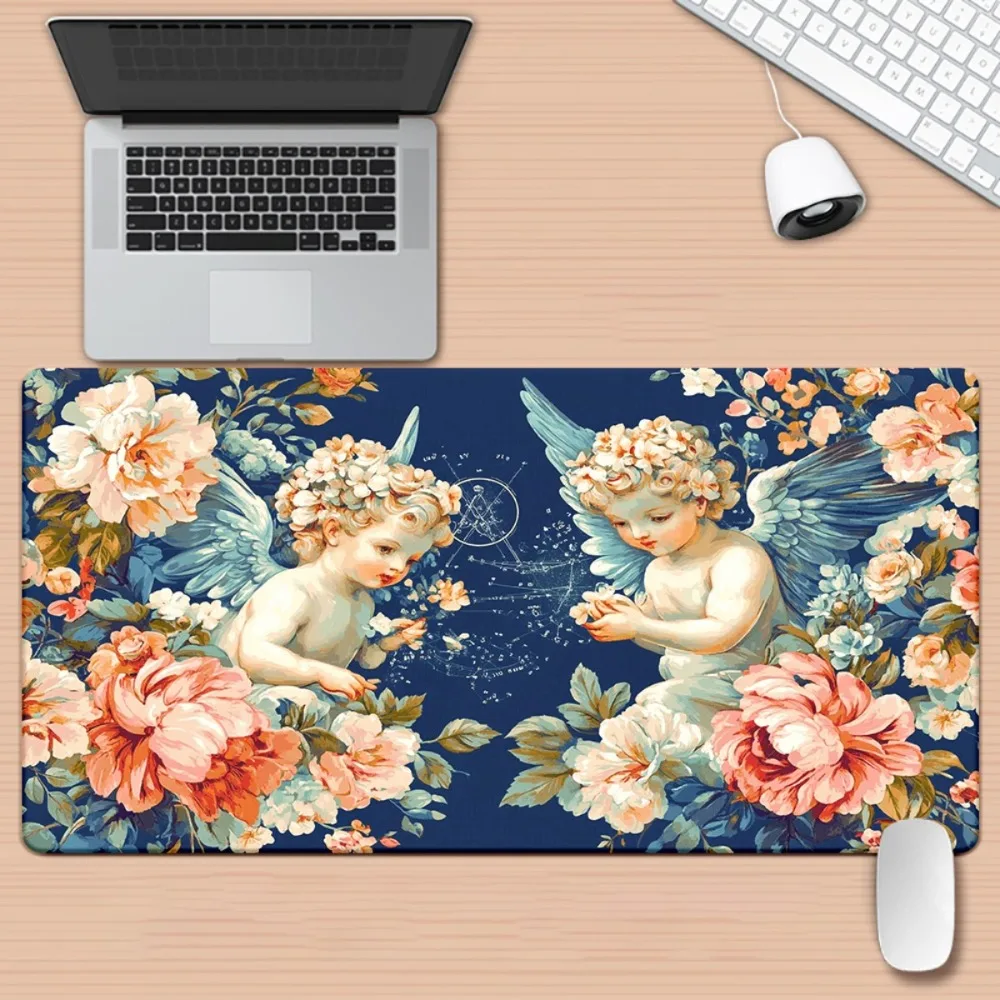 Vintage Blumenmuster Cherubim XXL Gaming-Mauspad, Rutschfeste Erweiterte Schreibtischunterlage für Liebhaber Romantik Image