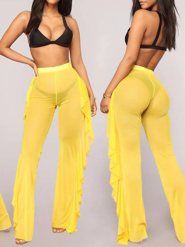 Neue Sexy Rüschen Frauen Strand Mesh Hosen Sheer Breite Bein Hosen Transparent Sehen durch Meer Urlaub Cover Up Bikini Hosen pantalon Image