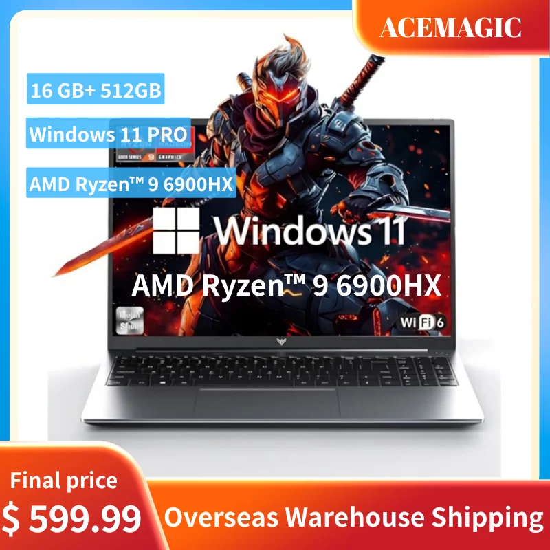 ACEMAGIC 16-Zoll FHD Laptop mit AMD Ryzen 9 6900HX, 16GB LPDDR5 RAM, 512GB SSD, Beleuchteter Tastatur, Voll Ausgestattetes Büro- und Gaming-Notebook Image