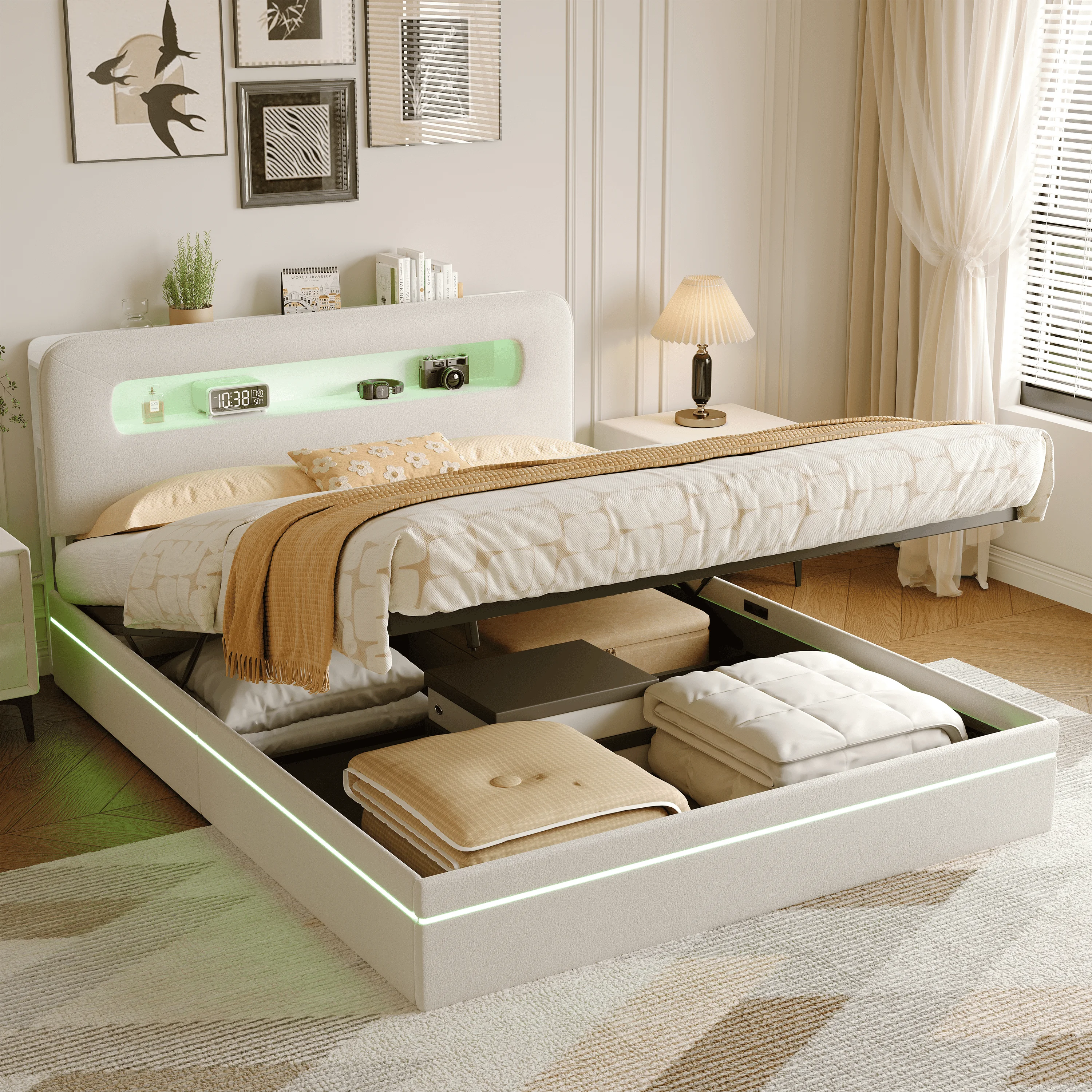 Bett mit Stauraum 140/160x200 cm, Samt, Doppelbett, Bett mit LED-Beleuchtung, Erwachsenenbett, platzsparend, Lattenrost, ohne Matratze
