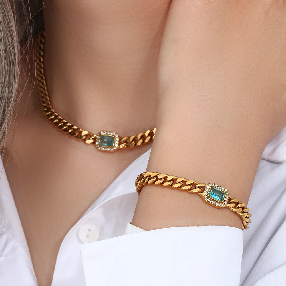 E.B.belle Zirkonia klobige kubanische Kette Halsband Halskette Armband Schmuckset für Frauen Vintage Edelstahl Zubehör