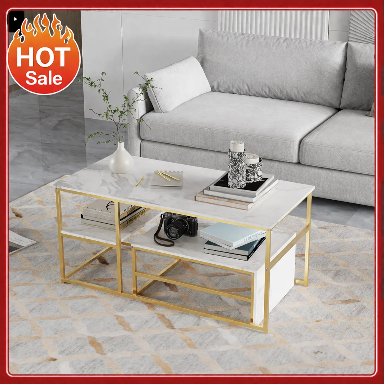 2er-Set niedrige Tische, zwei rechteckige niedrige Tische, abnehmbarer Tisch, Marmor-Couchtisch für Wohnzimmer, Schlafzimmer