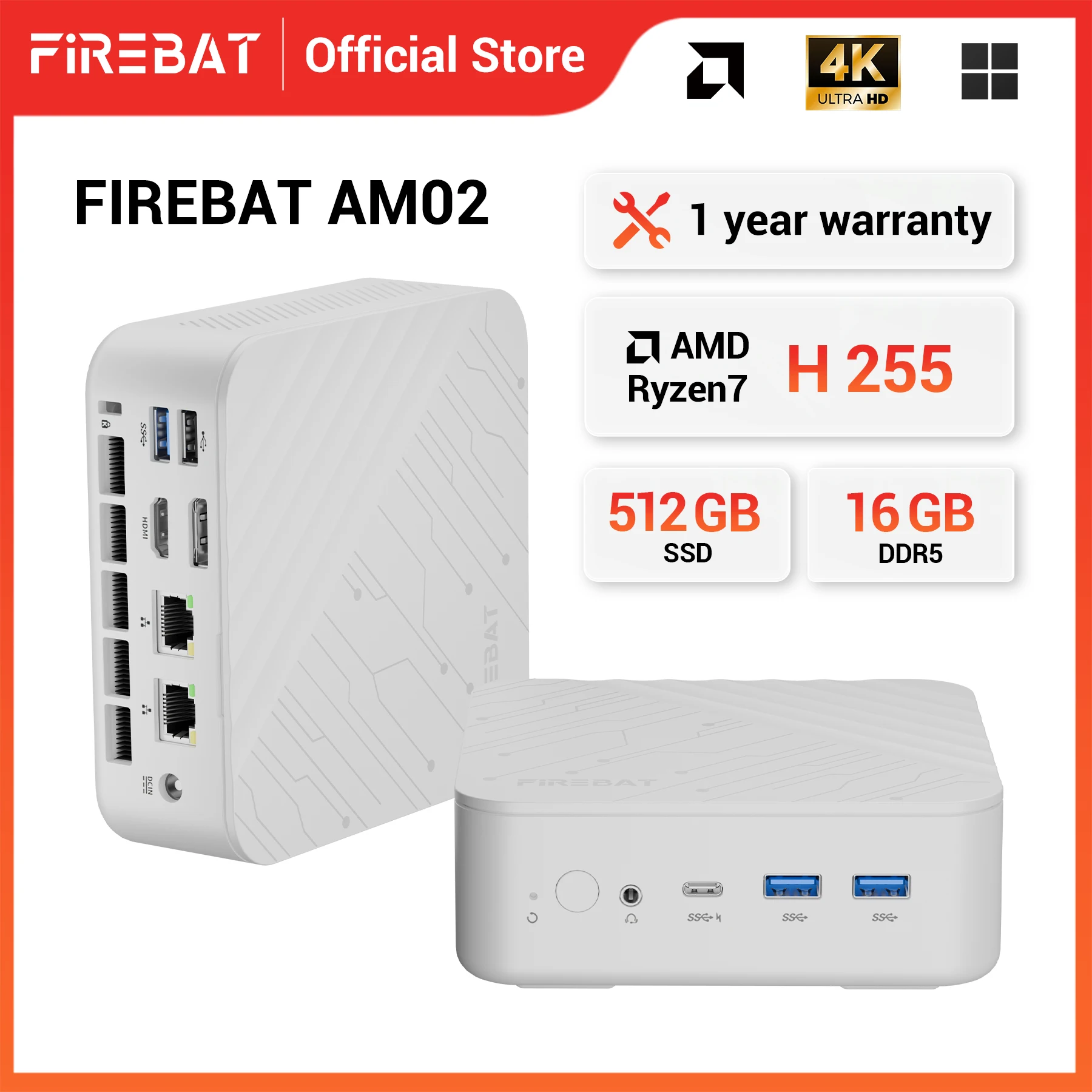 FIREBAT AM02 Mini-PC AMD Ryzen 7 H255 DDR5 16GB RAM M.2 PCIe 512GB SSD WiFi6 BT5.2 1000M LAN Tragbarer Windows11 Desktop-Computer