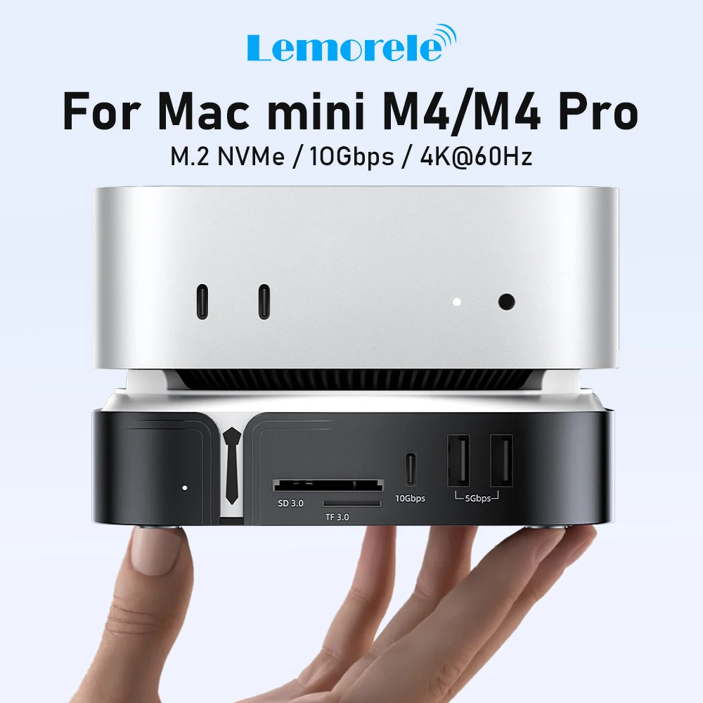 Lemorele TC800 pour Mac Mini M4/M4 Pro Dock 9-en-2 Hub USB C avec DP Dual HDMI 4K 60Hz 10Gbps NVMe M.2 SSD Slot Lecteur de Cartes SD/TF