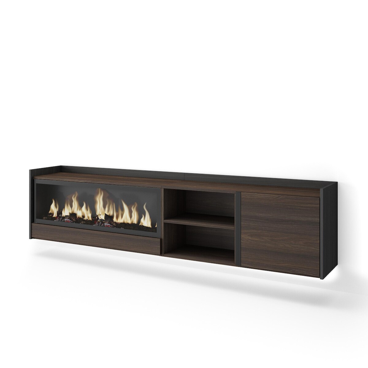 SKRAUT HOME TV-Schrank, Lowboard, 212x50x35 cm, Für TV-Geräte bis zu 80", Elektrokamin XXL, Hängend, LED, Dunkler Eiche und Schwarz Image