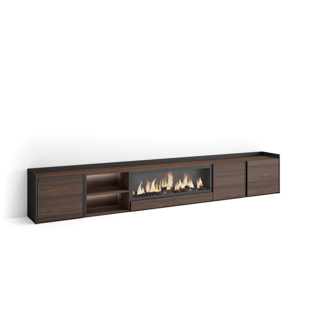 SKRAUT HOME TV-Schrank, Lowboard, 315x50x35 cm, Für TV-Geräte bis zu 80", Elektrokamin XXL, LED, Dunkler Eiche und Schwarz Image