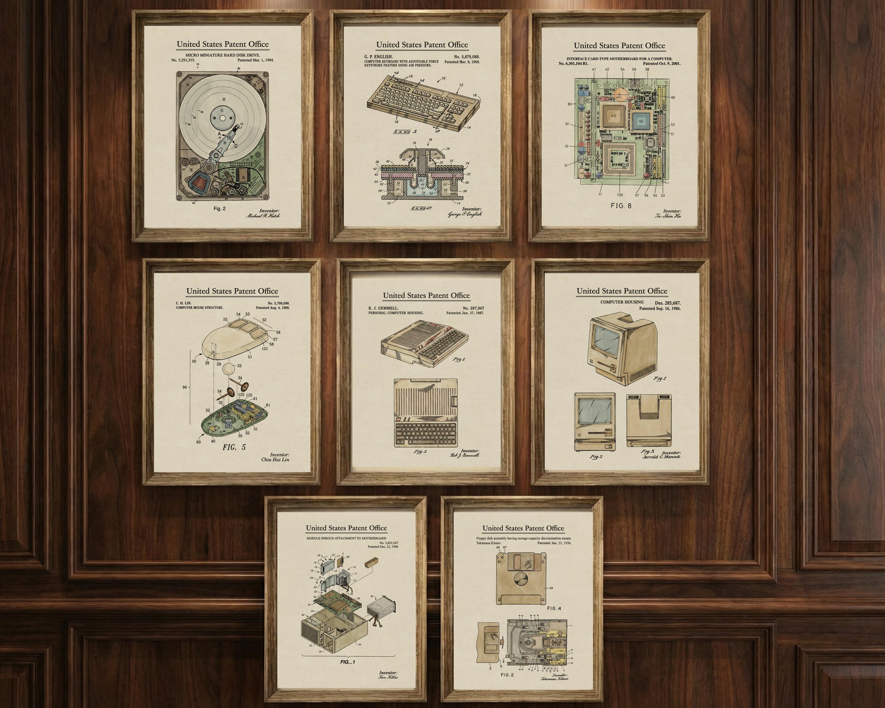 Set di stampe murali vintage con brevetti di computer / 8 stampe di brevetti tecnologici retrò / Poster con brevetti di PC e tastiera floppy disk / De