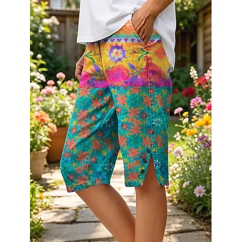 Damen Biker Shorts Urlaub Vintage Ethnisch Knielang Mittlere Taille Blumen Grafik Abstrakt Druck Komfort Bequem Unelastisch Täglich Outdoor Urlaub Gelb Blau Tintenblau Grün Sommer Frühling Normale Image