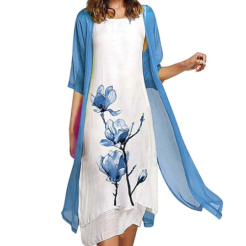 Damen Knielanges Kleid Chiffonkleid Freizeitkleid Kleid-Set Elegant Mode Modern Outdoor Urlaub Ausgehen Normale Passform Einfach Halbarm Rundhalsausschnitt Purpur Grün Leicht Blau Sommer Frühling Image
