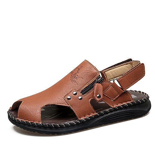Braune Herren-Sandalen aus Leder mit offener Zehenpartie, verstellbaren Klettverschlüssen, weichem Leder-Obermaterial, lässiges Sommerschuhwerk für Herren, perfekt für Inselurlaube, Spaziergänge im Freien und den täglichen Gebrauch. Image