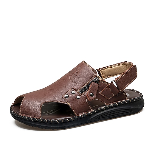Braune Herren-Sandalen aus Leder mit offener Zehenpartie, verstellbaren Klettverschlüssen, weichem Leder-Obermaterial, lässiges Sommerschuhwerk für Herren, perfekt für Inselurlaube, Spaziergänge im Freien und den täglichen Gebrauch. Image