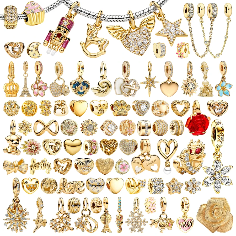 Neue Funkelnde Goldene Original-Charms DIY Feiner Schmuck Geschenk Schneeflocke Polarstern Herzen Clip-Perlen Passend für 925 Silber Schlangen-Armbänder Image
