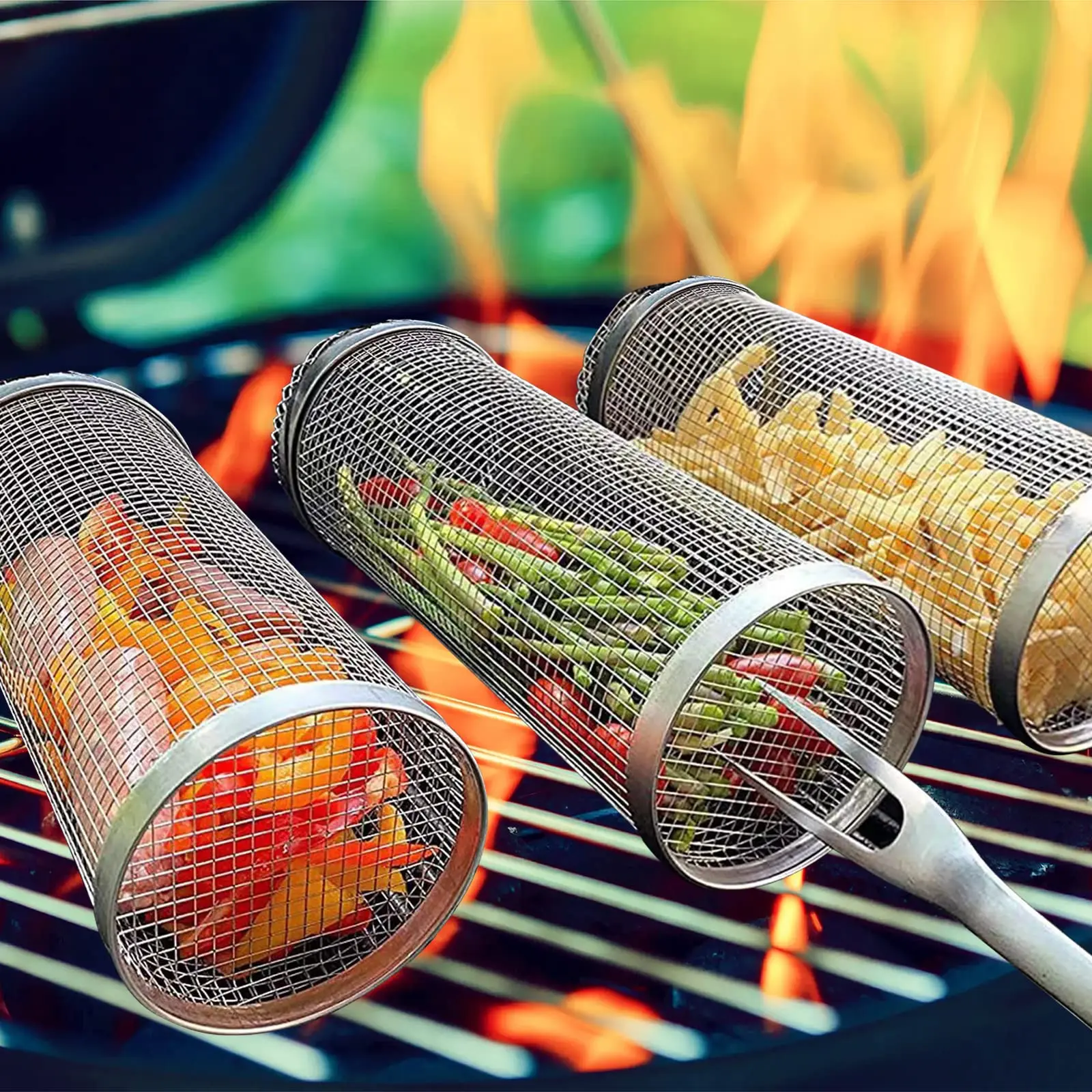 Rolling Grillen Korb Tragbare Griff Grill Reihe Edelstahl Grill Net Grill Käfige Für Outdoor Camping Zubehör Image