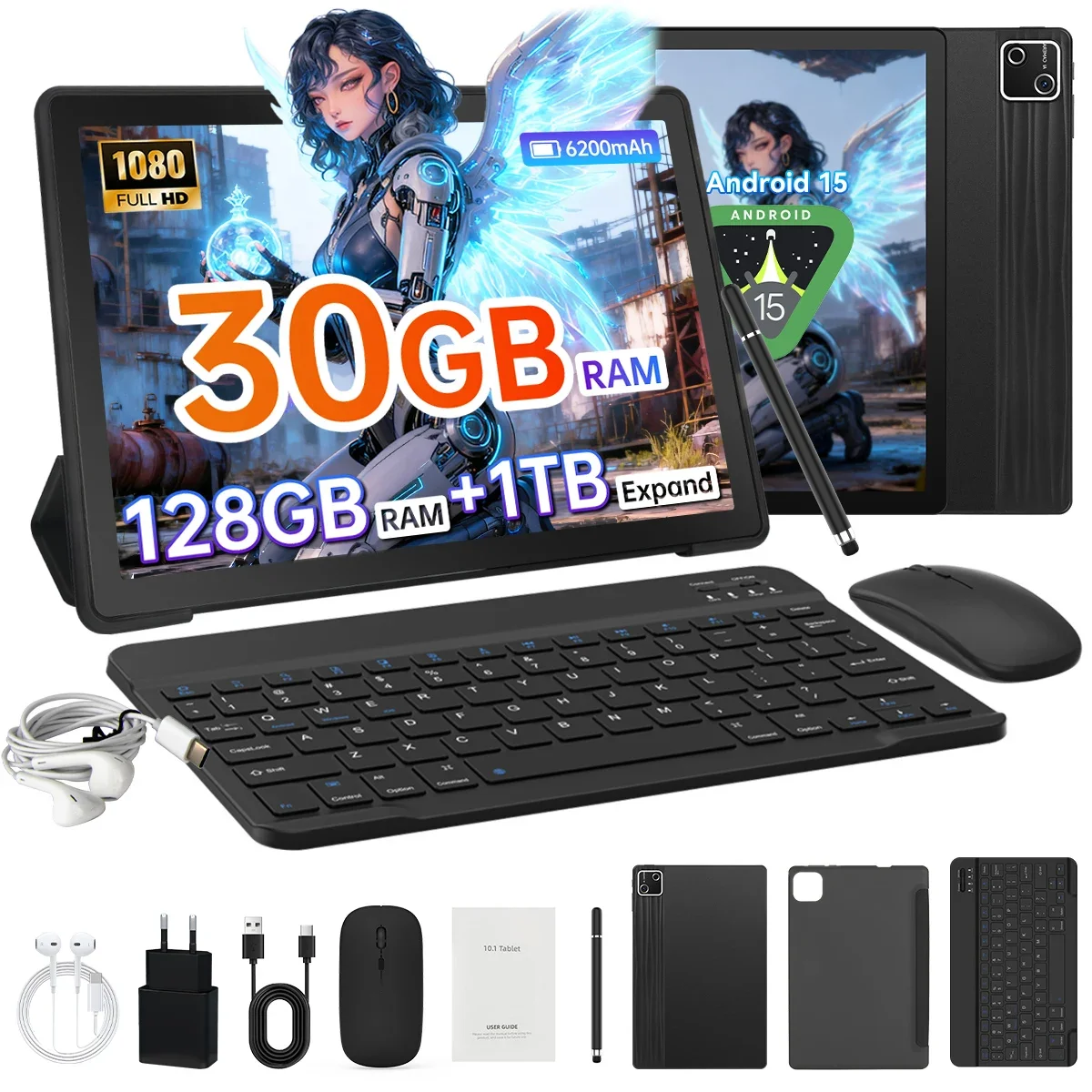 URAO 10 Zoll Android 15 Tablet 30GB RAM 128GB ROM 1TB Erweiterbar 6200mAh GMS-Zertifiziert Widevine L1 Dual-Kamera WiFi 6 PC PAD Set Image