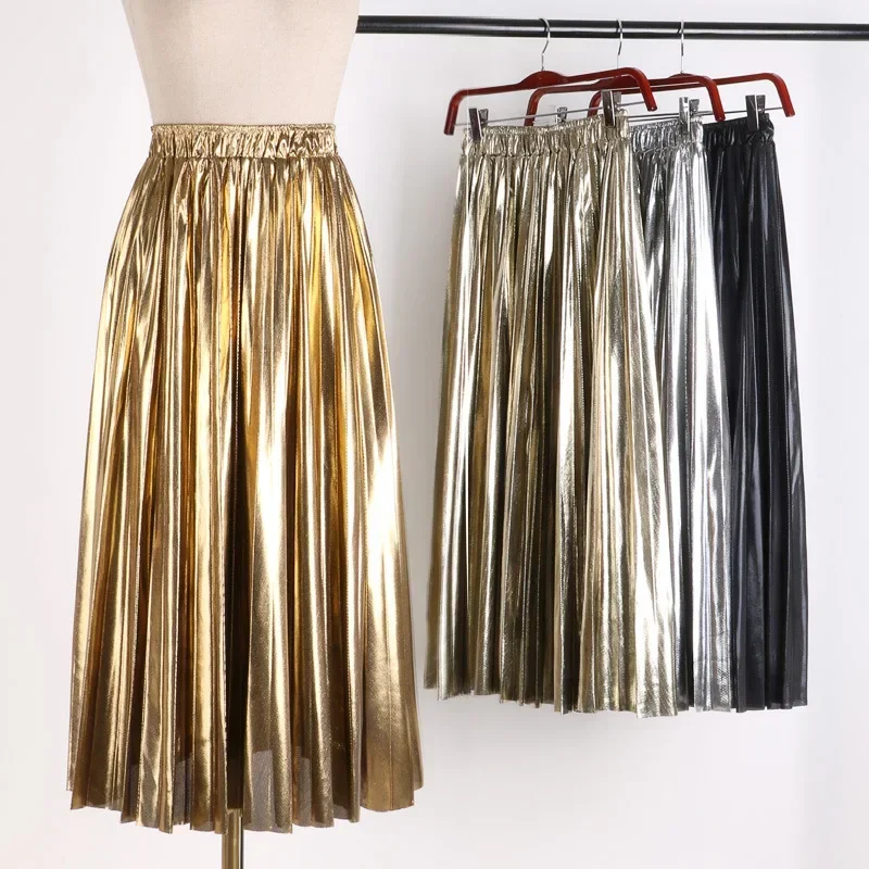 Hohe Taille A-Linie Midi Faltenrock für Frauen 2024, neu im Herbst und Winter, koreanische Mode, Gold, Silber, elegante lange Röcke