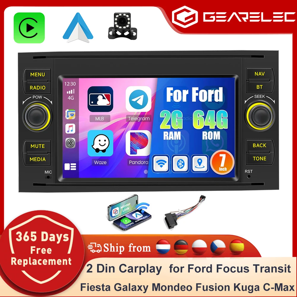 GEARELEC Android 13 Autoradio Carplay für Ford Fiesta Focus Transit Mondeo C-Max S-Max Carplay Android Auto 7 Zoll 2 Din Radio Image