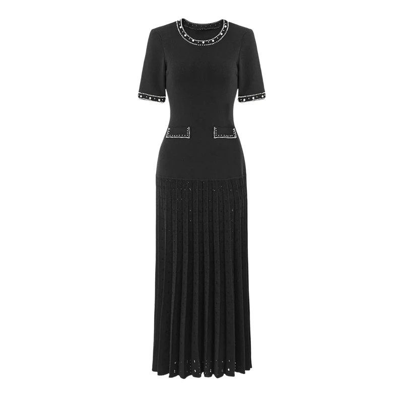 Luxus Perlen Gestrickte Lange Kleid Frauen Mode Oansatz Kurzarm Solide Bodycon Kleider Weibliche Weiß Schwarz Roben Image