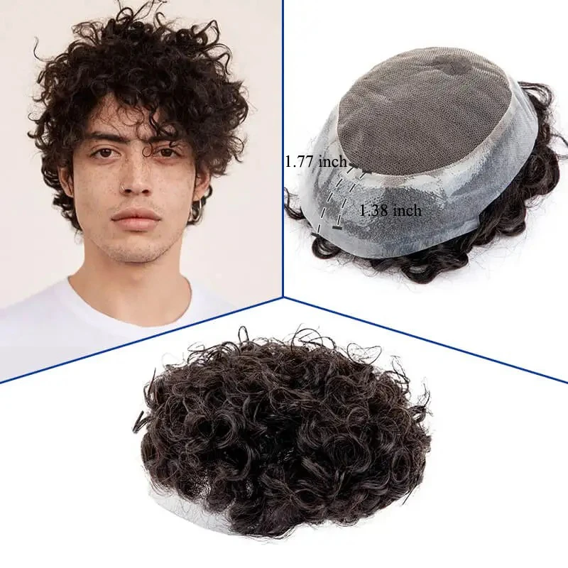 Dauerhaft lockige australische 25mm Herrenperücken, langlebige Haarprothese aus Echthaar, Haarsystem für Männer Image