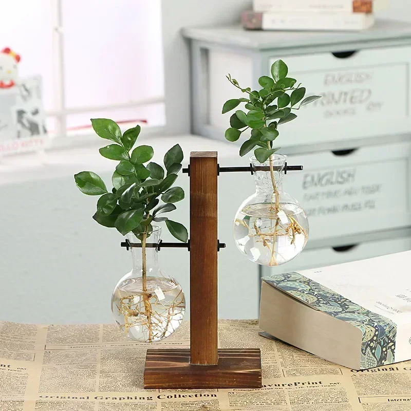 Terrarium Hydrokultur Pflanzenvasen Vintage Blumentopf Transparente Vase Holzrahmen Glas Tischplatte Pflanzen Home Bonsai Dekor Image