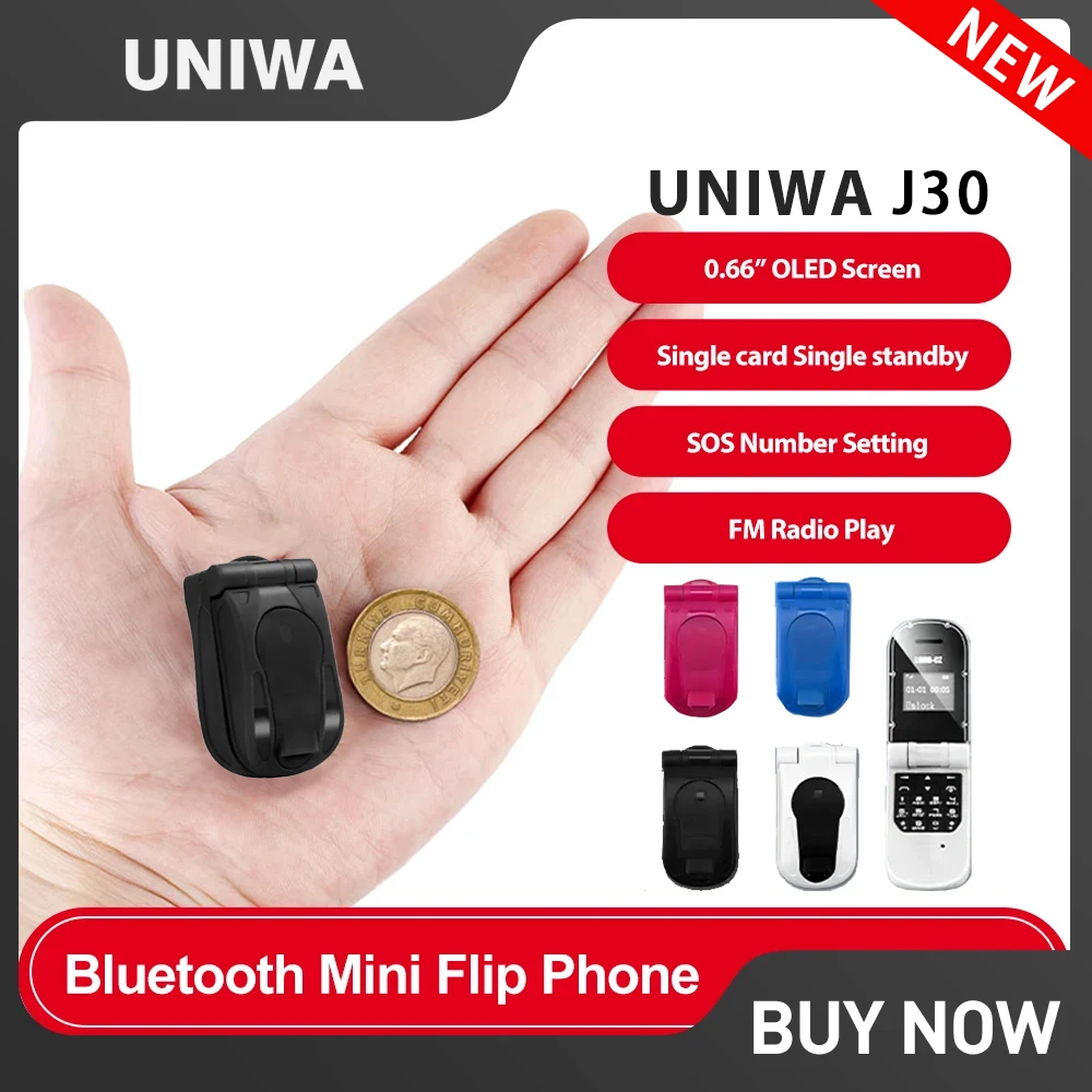 UNIWA J30 2G Mini-Flip-Telefon mit Druckknopf, kabelloser Bluetooth-Dialer, Multifunktions-FM-Freisprech-Kopfhörer mit magischer Stimme
