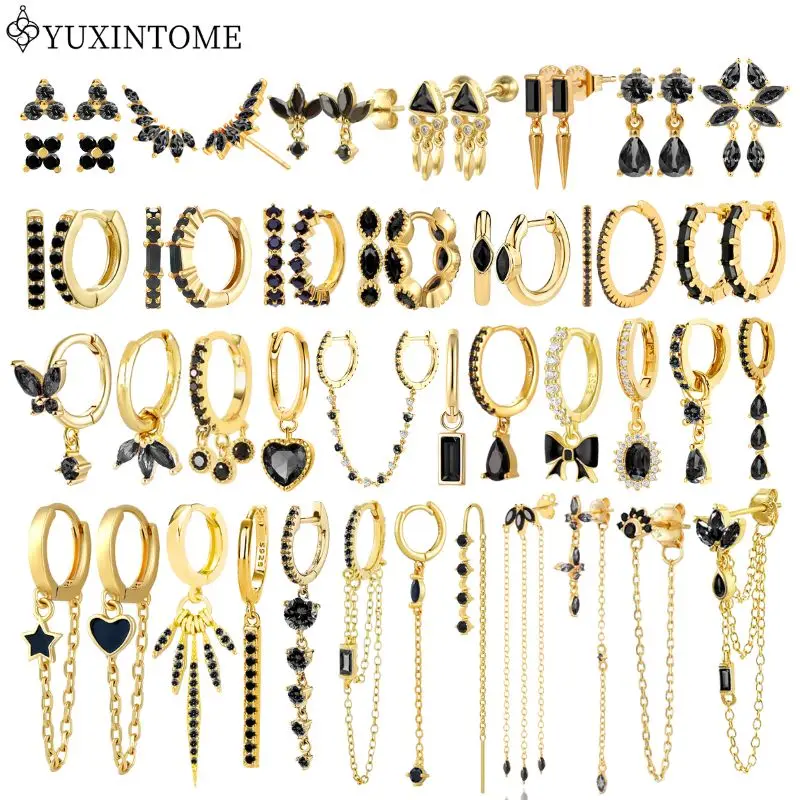 YUXINTIME 925 Sterling Silber Ohr Nadel Schwarz Zirkon Gold Ohrringe für frauen Geometrische anhänger Ohrringe Mode Hochzeit Schmuck Image
