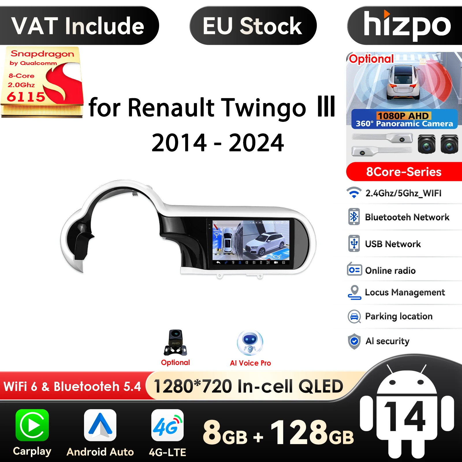 Hizpo Snapdragon Autoradio Carplay Android für Renault Twingo III 2014-2024 Multimedia Video Player Auto Stereo Navigation GPS DSP Image