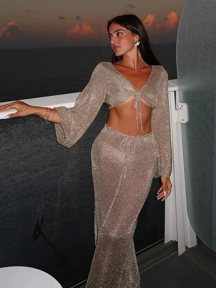 Sexy Metallic Gold Tank Top Langer Rock Strick 2-teilig Wickelhüfte Langer Rock Strick 2-teiliges Set Urlaub Club Party Mädchen Kleidung K128