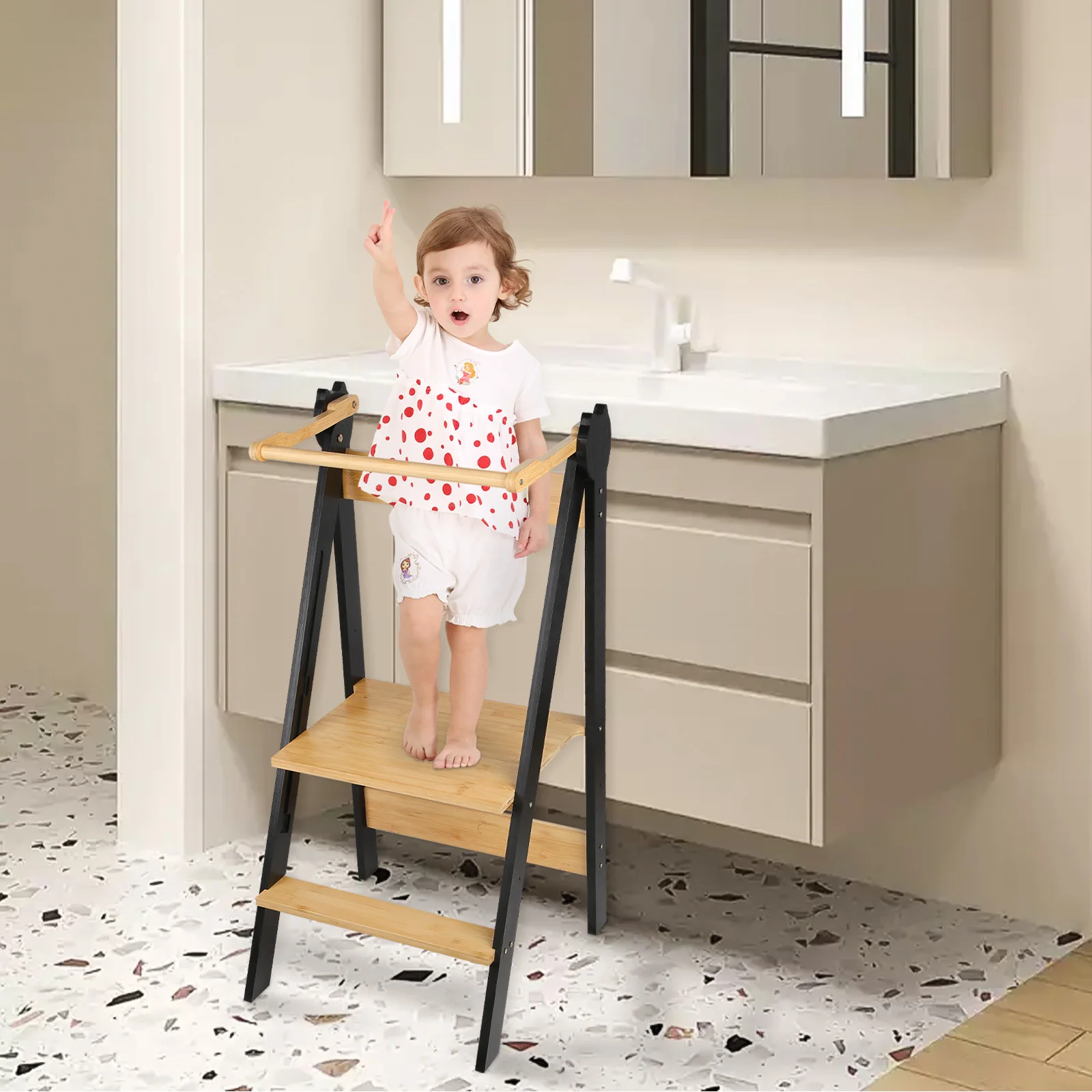 Montessori-Lernturm aus Bambus, kleine Größe und höhenverstellbar, für Kinder ab 1 Jahr Image