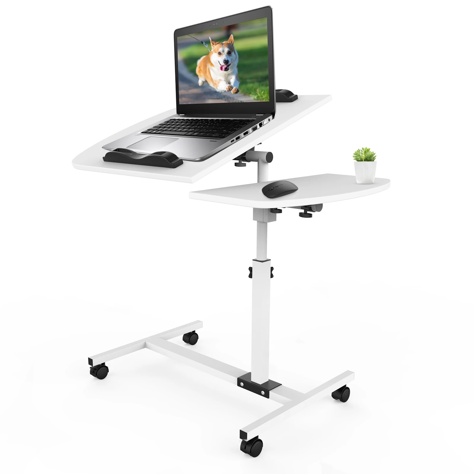 Mobiler Stehschreibtisch, 60 x 40 cm, höhenverstellbarer Bettisch, 61–95 cm, Rolltisch mit 4 Rollen, Laptoptisch für Schlafzimmer