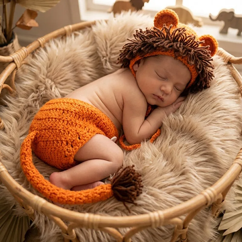 2-teiliges Baby Häkel-Löwenmütze-Shorts-Set Neugeborenen-Fotografie-Requisiten Gestricktes Tierkostüm Säugling Safari-Thema Fotoshooting-Outfit Image
