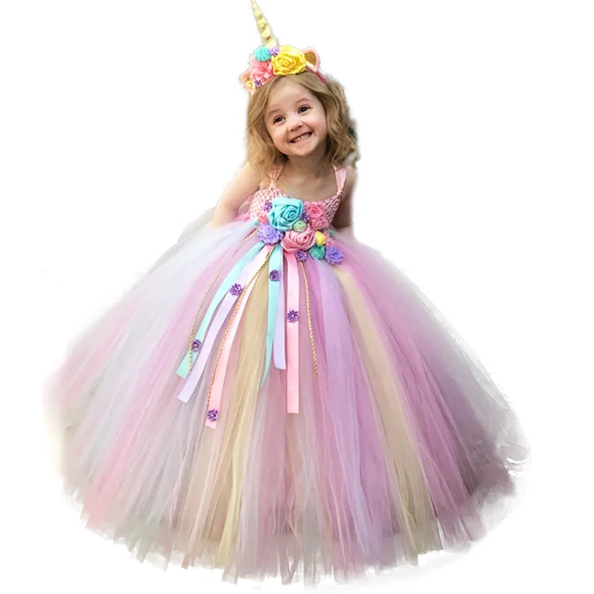 Mädchen Pastell Einhorn Blumen Tutu Kleid Kinder Häkeln Tüll Trägerkleid Ballkleid mit Gänseblümchen Bändern Kinder Party Kostüm Kleid Image
