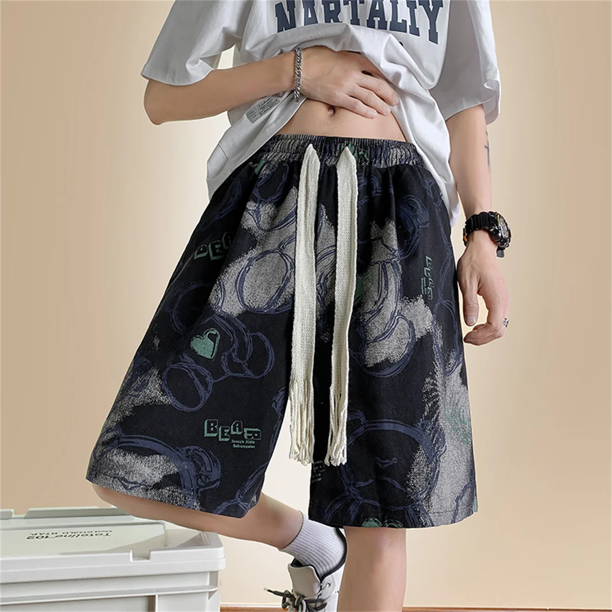 Cool Bear Print High Street Overs ize Basketball-Shorts für Herren schwarz Sommer koreanisch weites Bein lässig Gothic Shorts Jungen Image