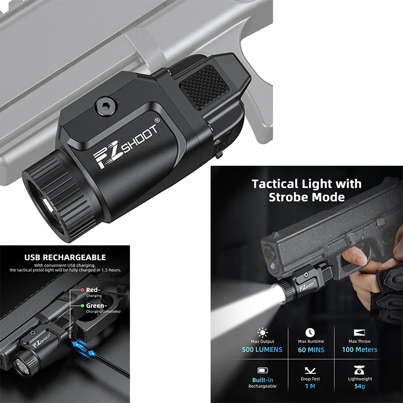 EZshoot 500 Lumen Pistolenlicht, wiederaufladbare kompakte Mini-LED-Taschenlampe mit Stroboskopmodus für Pistolen mit Picatinny- und GL-Schienen Image