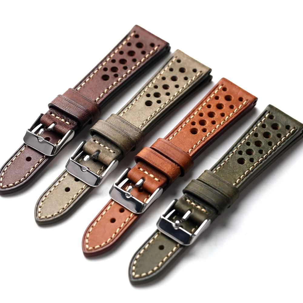 Handgefertigtes Pueblo-Armband aus italienischem Rindsleder, belüftetes Design, 18, 20, 21, 22 mm, Grün, Braun, Grau, ultradünnes Herrenarmband