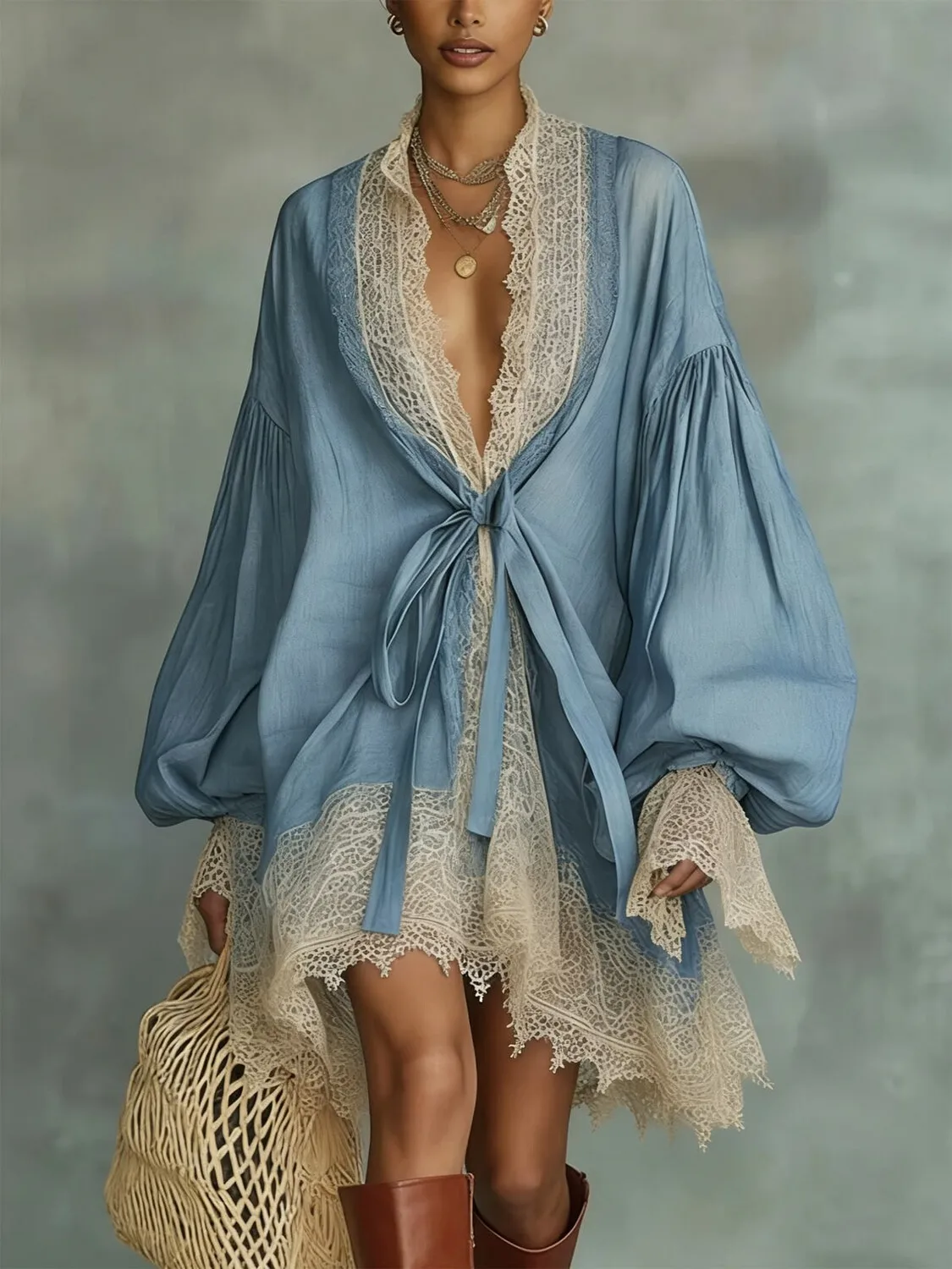 Blaues Spitzenbesetztes Minikleid für Damen V-Ausschnitt Taillengürtel Puffärmel Übergroßes Boho Elegantes Loses Vintage Casual Cover-Up Kleid
