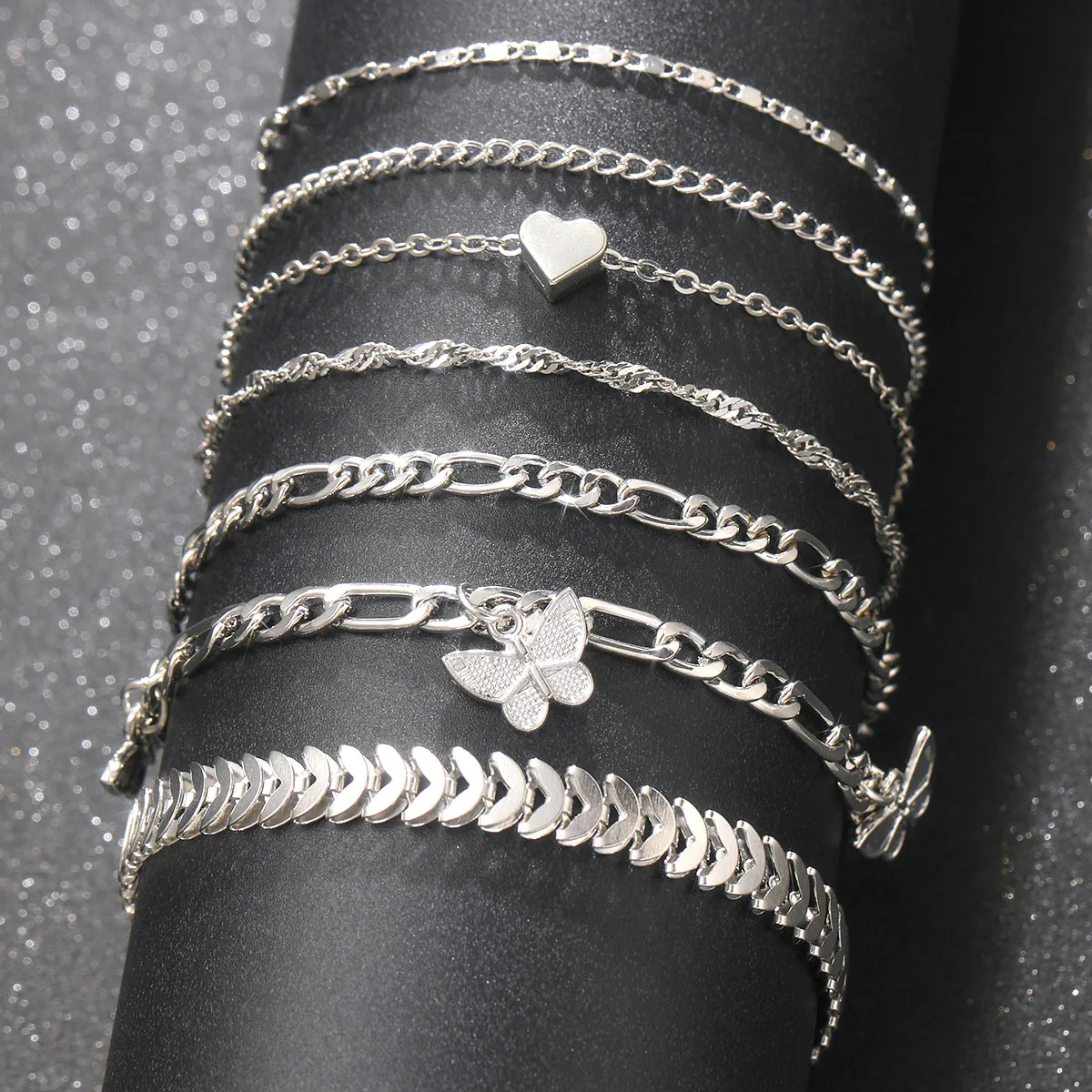 7Pcs Mode Dicke Kette Link Armbänder Set Für Frauen Silber Farbe Schmetterling Herz Metall Schlange Kette Twist Armband Punk schmuck