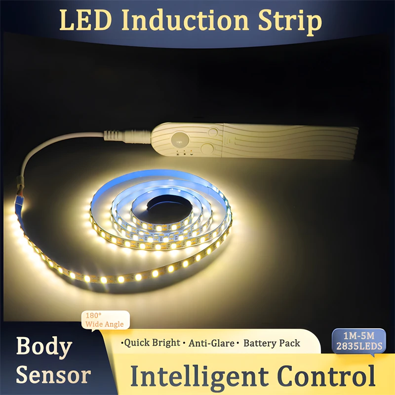 1M-5M LED-Lichtleiste, Bewegungsmelder, LED-Nachtlicht, Schrankbeleuchtung, batteriebetriebenes Bandlicht für Theke, Bett, Treppe, Kleiderschrank