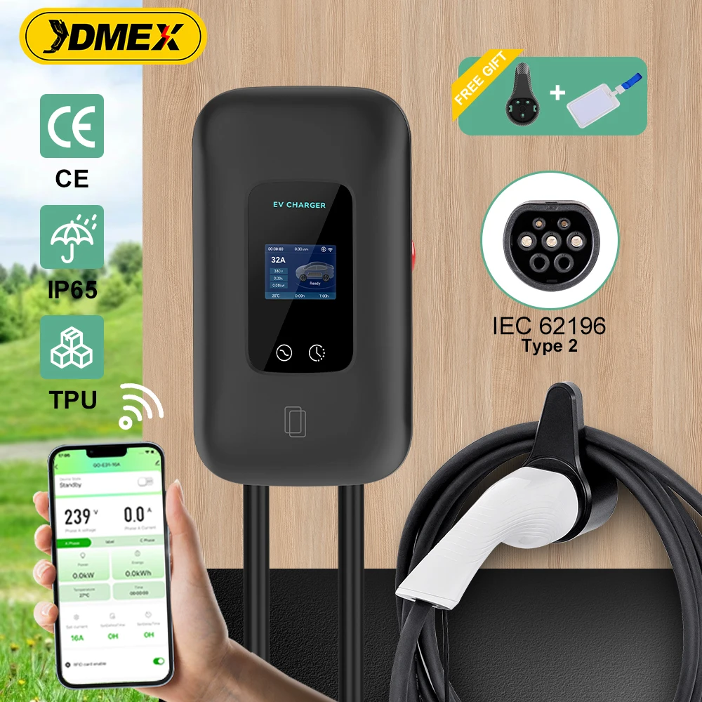 JDMEX EV-Ladestation 16/32A Elektrofahrzeug-Autoladegerät EVSE Wallbox Wandmontage 7,6/11/22 kW Typ2-Kabel IEC62196 APP-Steuerung Image