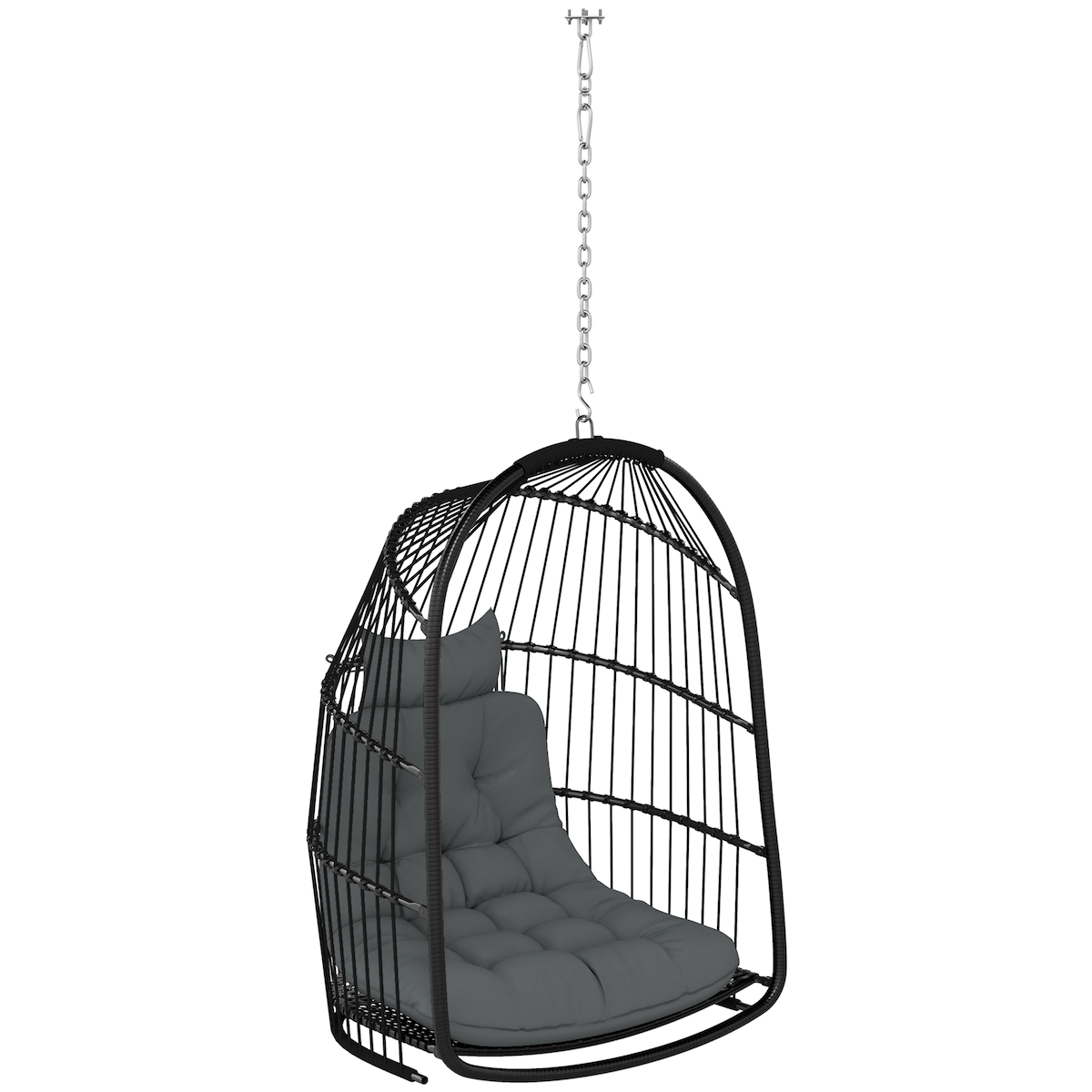 MODFU Hängesessel Rattan Optik Dunkelgrau 74x68x105 cm faltbar mit 10 cm Polster und Kopfkissen, Stahlrahmen, 360 Grad Drehhaken, bis 150 kg Image