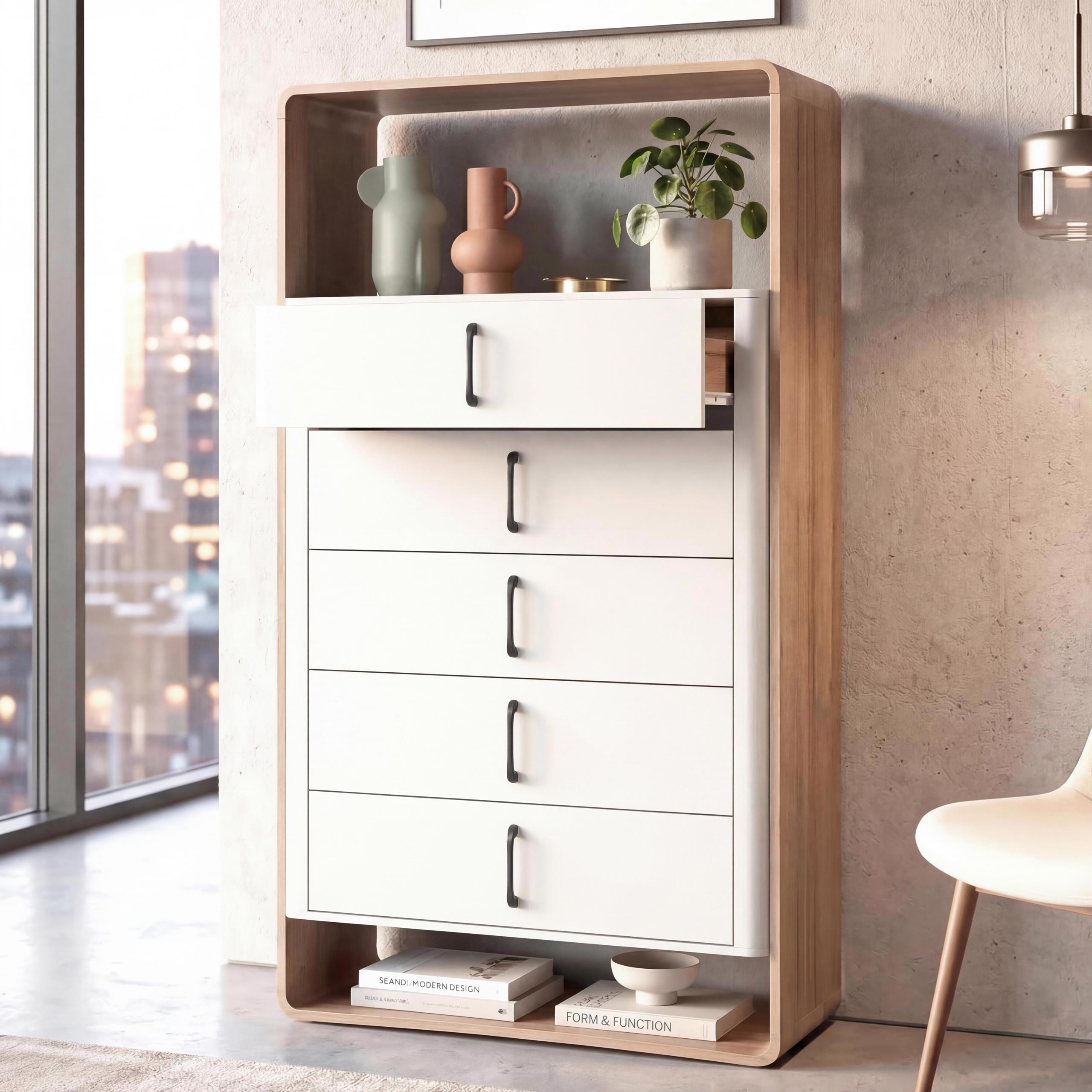 Kommode HWC-P43, Schrank Sideboard Highboard, 6 Schubladen MDF 80x120x42cm ~ Wotan-Eiche-Optik, weiß