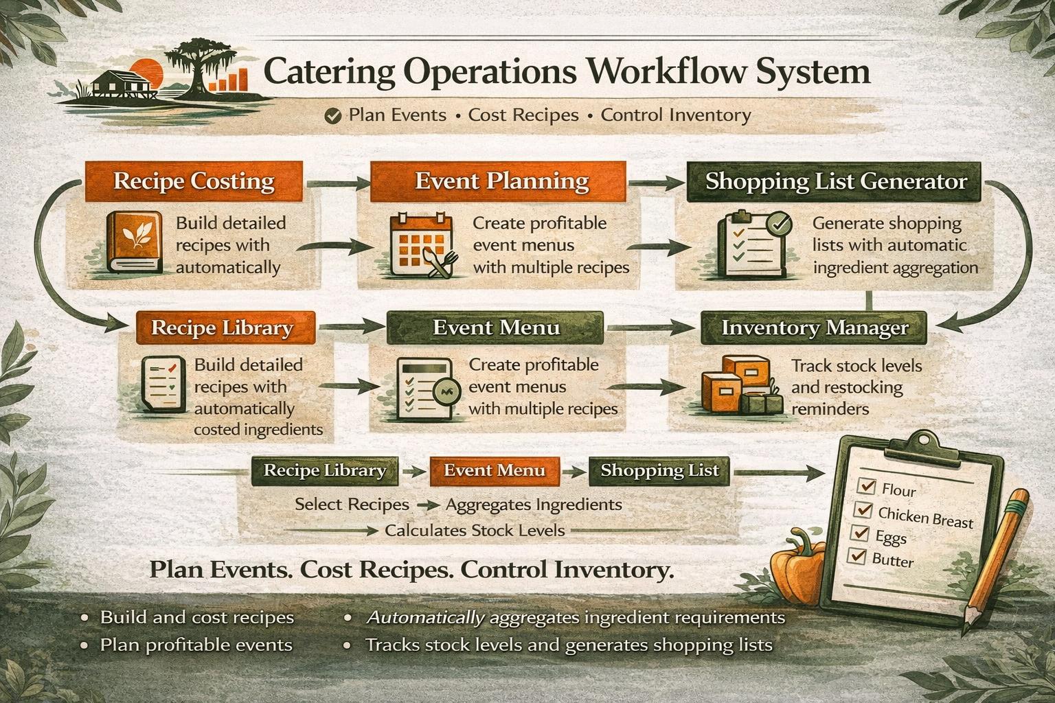 Foglio di calcolo per la pianificazione delle operazioni di catering, calcolo dei costi delle ricette, menu per eventi, monitoraggio dell'inventario (