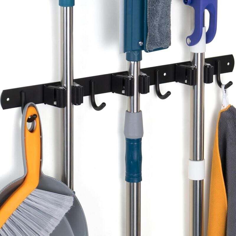 Houhence - Porta Scopa A Parete, Porta Scopa A Parete Con 3 Staffe E 4 Ganci, Porta Scopa A Parete Senza Foratura, Porta Scopa A Parete Con Viti, Porta Scopa A Parete, Porta Attrezzi Da Giardino A Parete, Nero