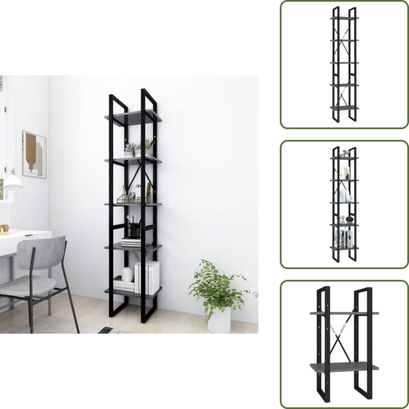 The Living Store Libreria A 5 Ripiani Grigia 40x30x175 Cm In Legno Multistrato - Libreria In Legno Multistrato